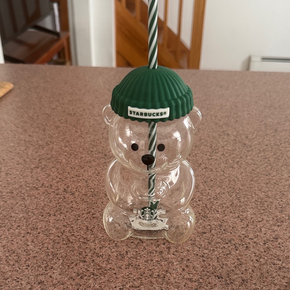 Starbucks Bearista Glass with Green Lid and Straw never used